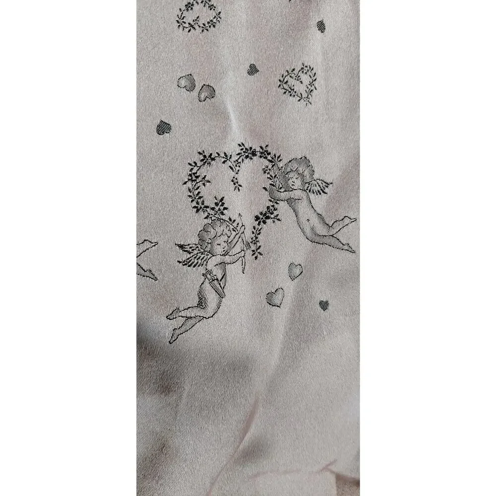 Vntg Soft Pink Gray Reversible Cupid Hearts Valentine Silk Scarf France 42x12